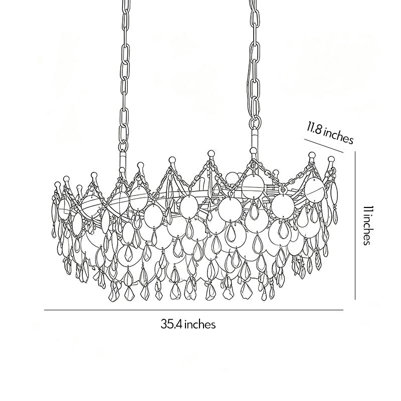 Glam chandelier dimensions drawing showing the rectangular design with overall length, width, and height.