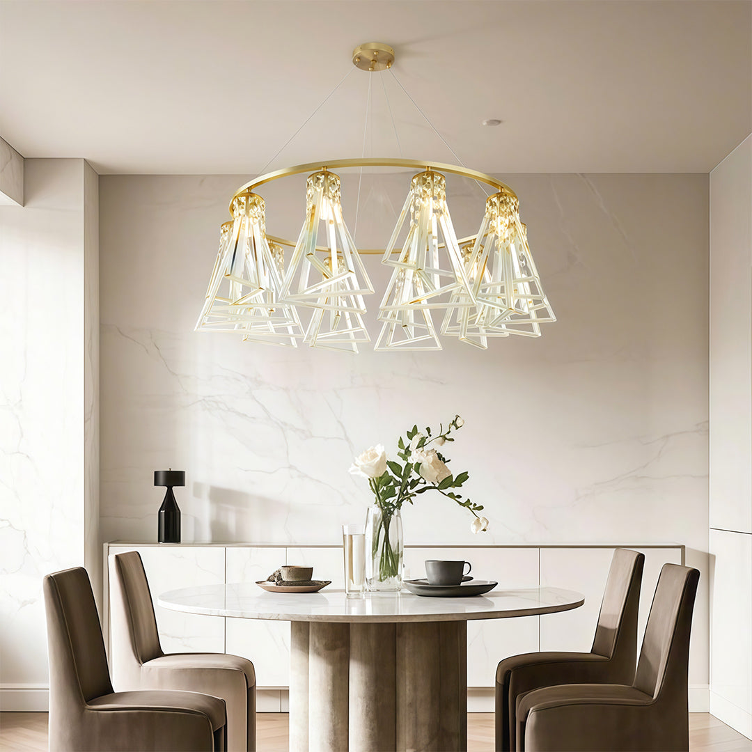 Glamorous contemporary crystal chandelier featuring glass shade chandelier styling creating elegant focal point above contemporary dining table.