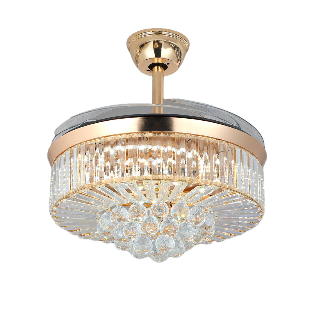 Glamorous crystal ceiling fans with lights and smooth retractable blades in gold finish 