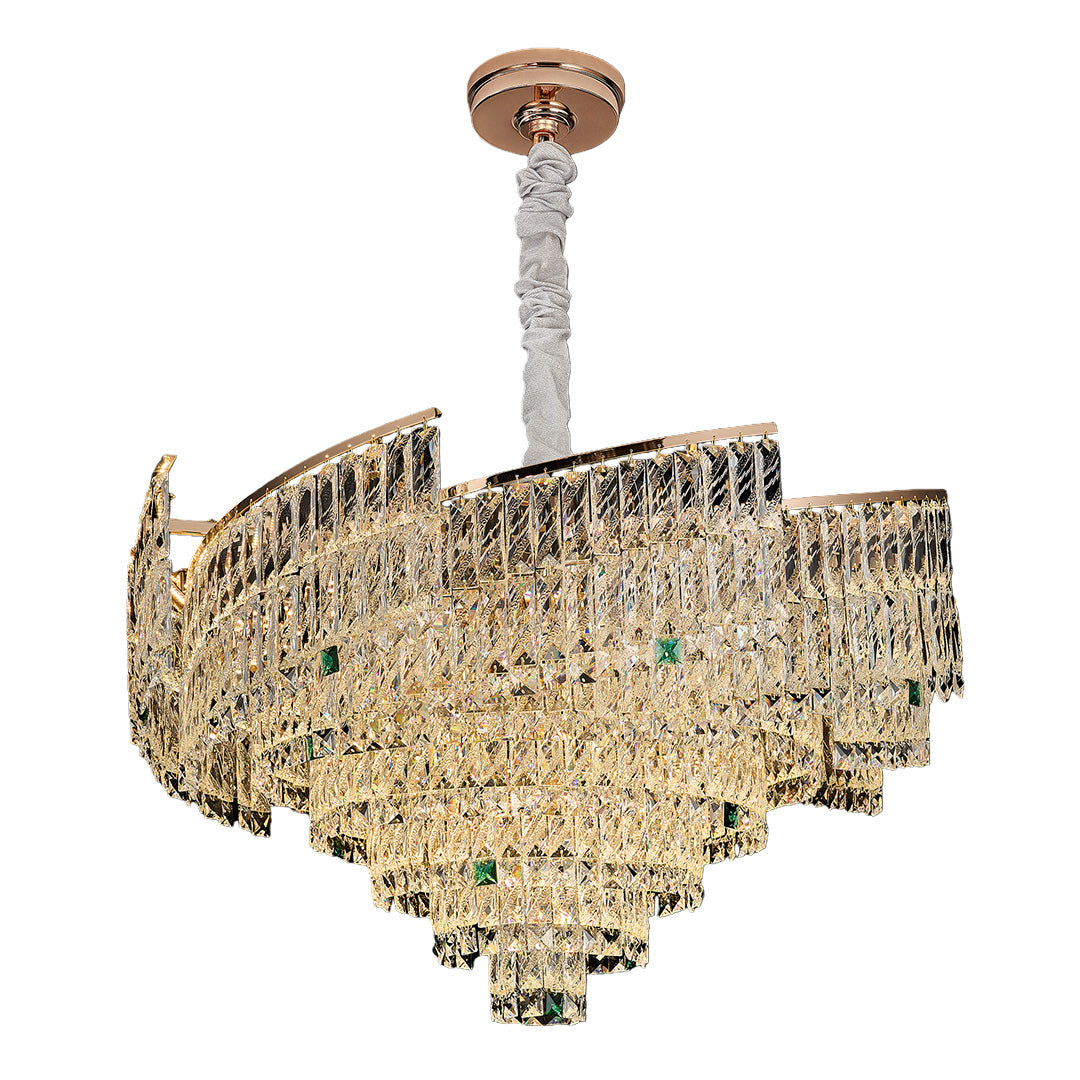 Glamorous crystal pendant chandelier featuring golden frame and hanging crystals.