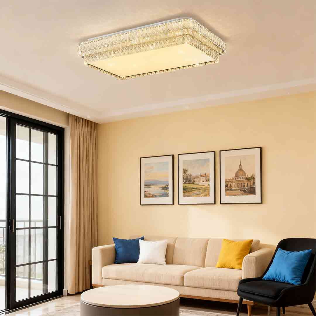 Glamorous flush mounted LED lights featuring glass shade chandelier design creating warm ambiance in luxury bedroom setting.