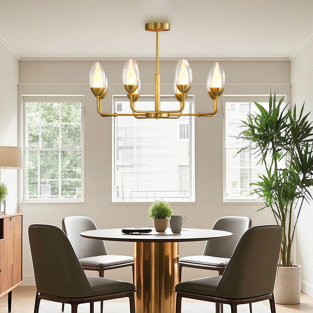 Glamorous modern minimalist chandelier with glass shade chandelier design creating elegant focal point above dining table.