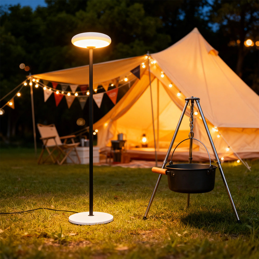 Outdoor patio floor lamp illuminating a glamping tent, stylish lighting for outdoor adventures