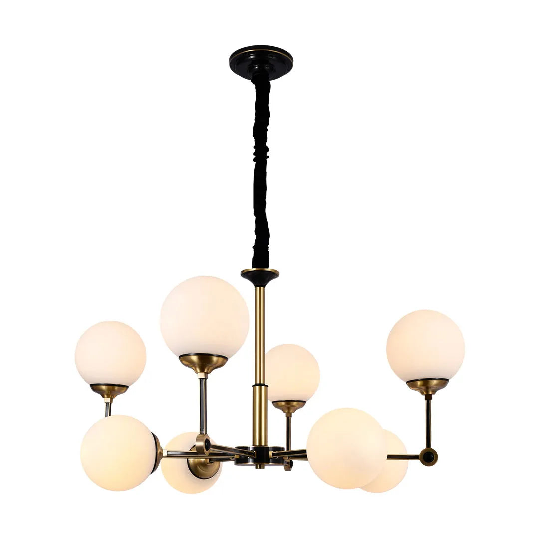 Glass ball chandelier modern featuring a horizontal multi-globe arrangement with brass details.