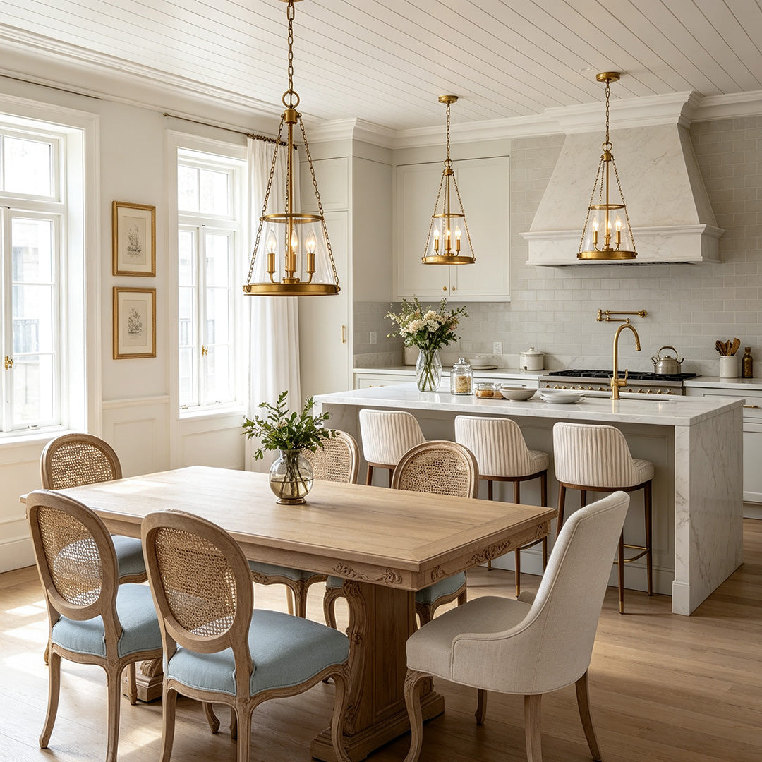 Glass candle chandelier featured in a bright dining space with classic transitional decor styling.