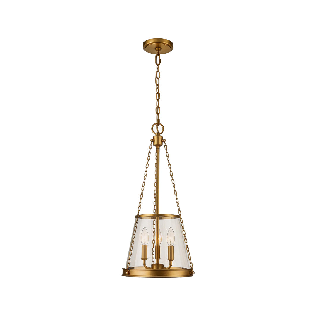 Glass candle chandelier detail featuring gold chain suspension and elegant circular frame design.