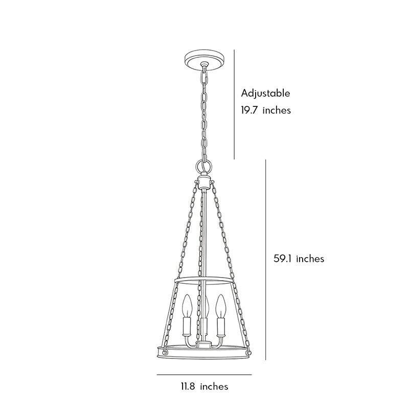 Glass candle chandelier dimension drawing displaying adjustable hanging height and fixture size details.