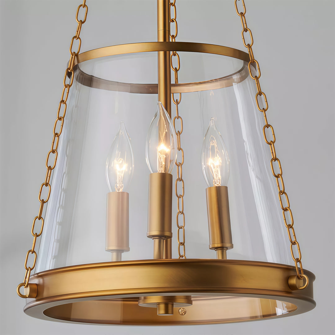 Glass candle chandelier gold finish variation designed for modern farmhouse interiors.