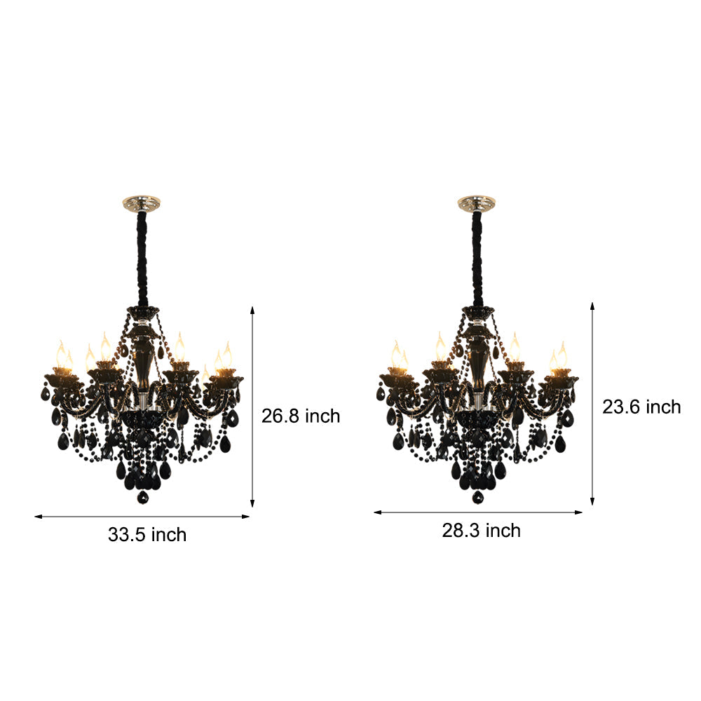 Dimension diagram of glass candlelight chandelier showing 28.3-inch and 33.5-inch width options.