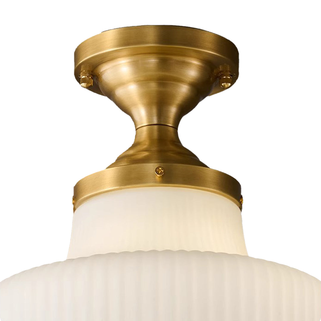 Glass ceiling light fixtures detail image featuring vintage brass canopy and ribbed globe design.