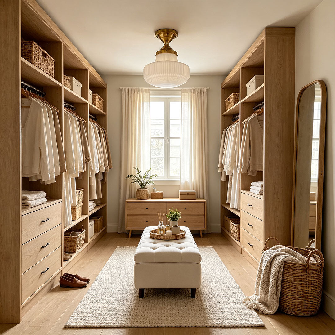 Glass ceiling light fixtures mounted in a spacious dressing room with soft ambient illumination.