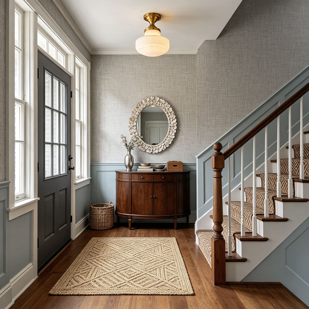 Glass ceiling light fixtures illuminating a staircase entryway with elegant warm lighting.