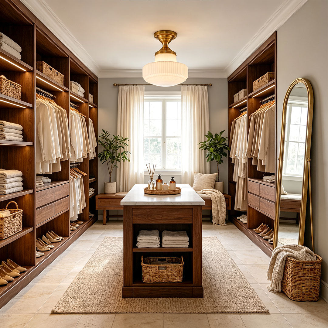 Glass ceiling light fixtures featured in a luxury walk-in closet with built-in wood shelving.