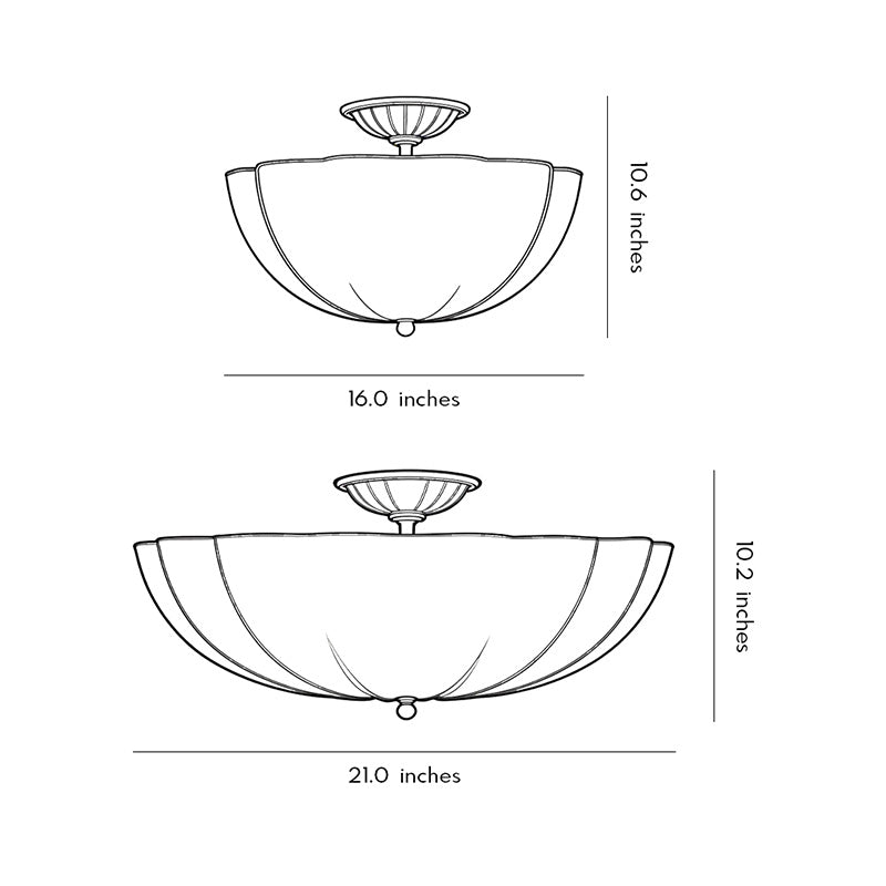Glass ceiling lights dimension drawing displaying multiple bowl size options for ceiling installation.