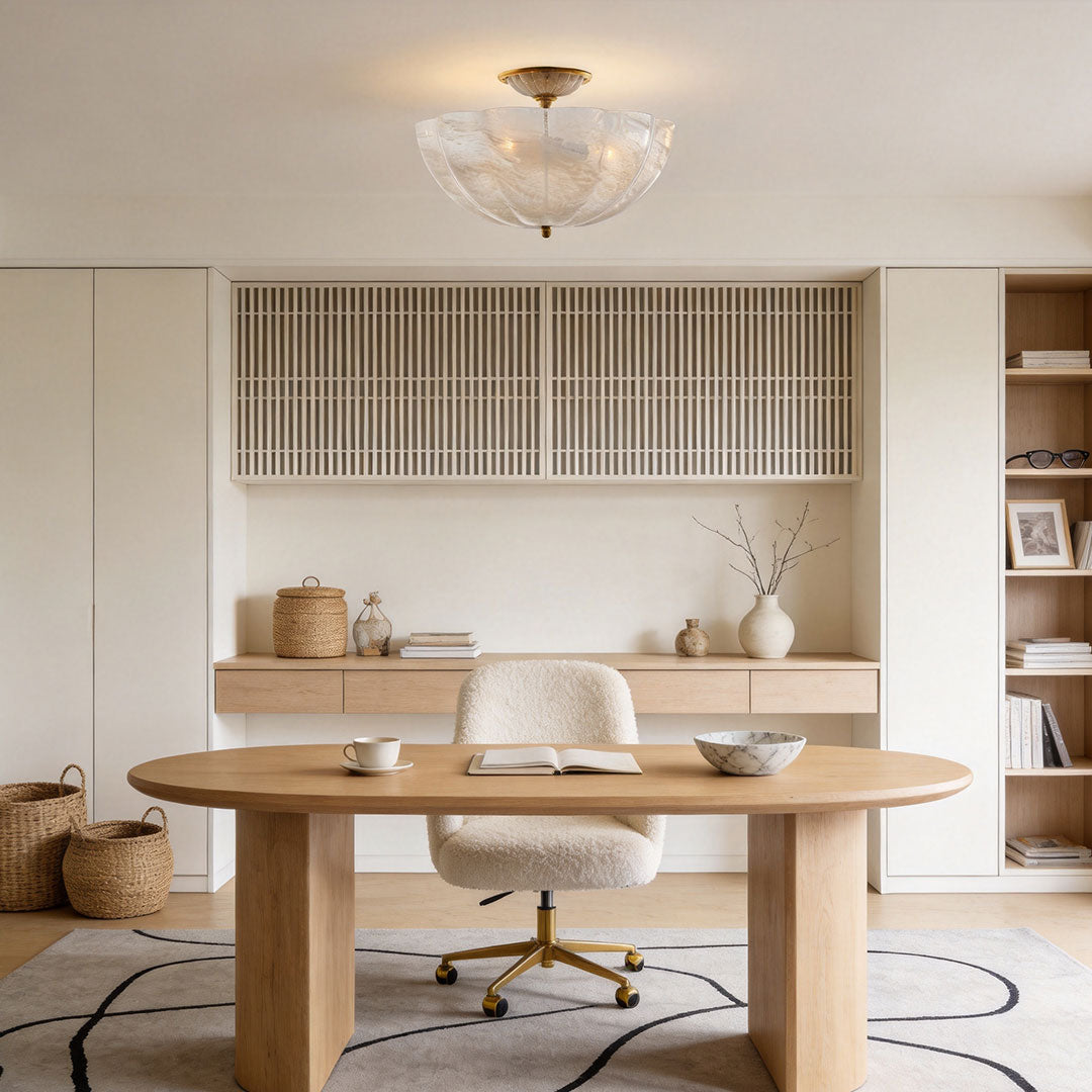 Glass ceiling lights mounted in a minimalist home office with contemporary decor styling.