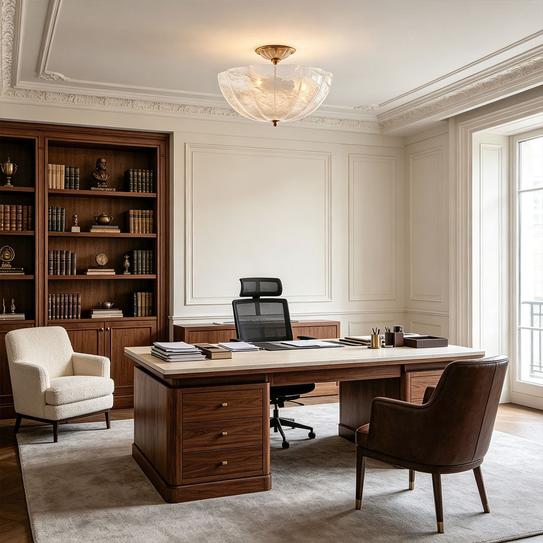Glass ceiling lights illuminating a sophisticated office library with classic interior details.
