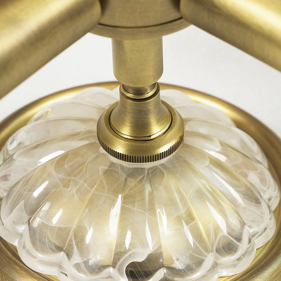 Glass ceiling lights detail image featuring decorative ribbed glass bowl and brass hardware.