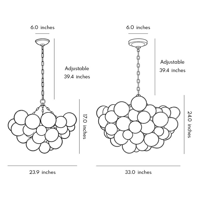 Glass chandelier art dimension drawing displaying multiple chandelier size options and adjustable height.