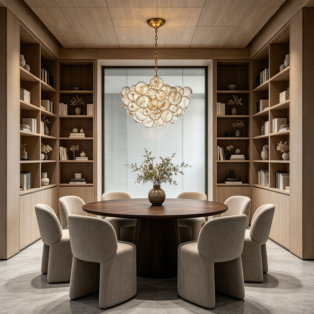 Glass chandelier art illuminating a luxury dining space with built-in shelving and warm ambiance.