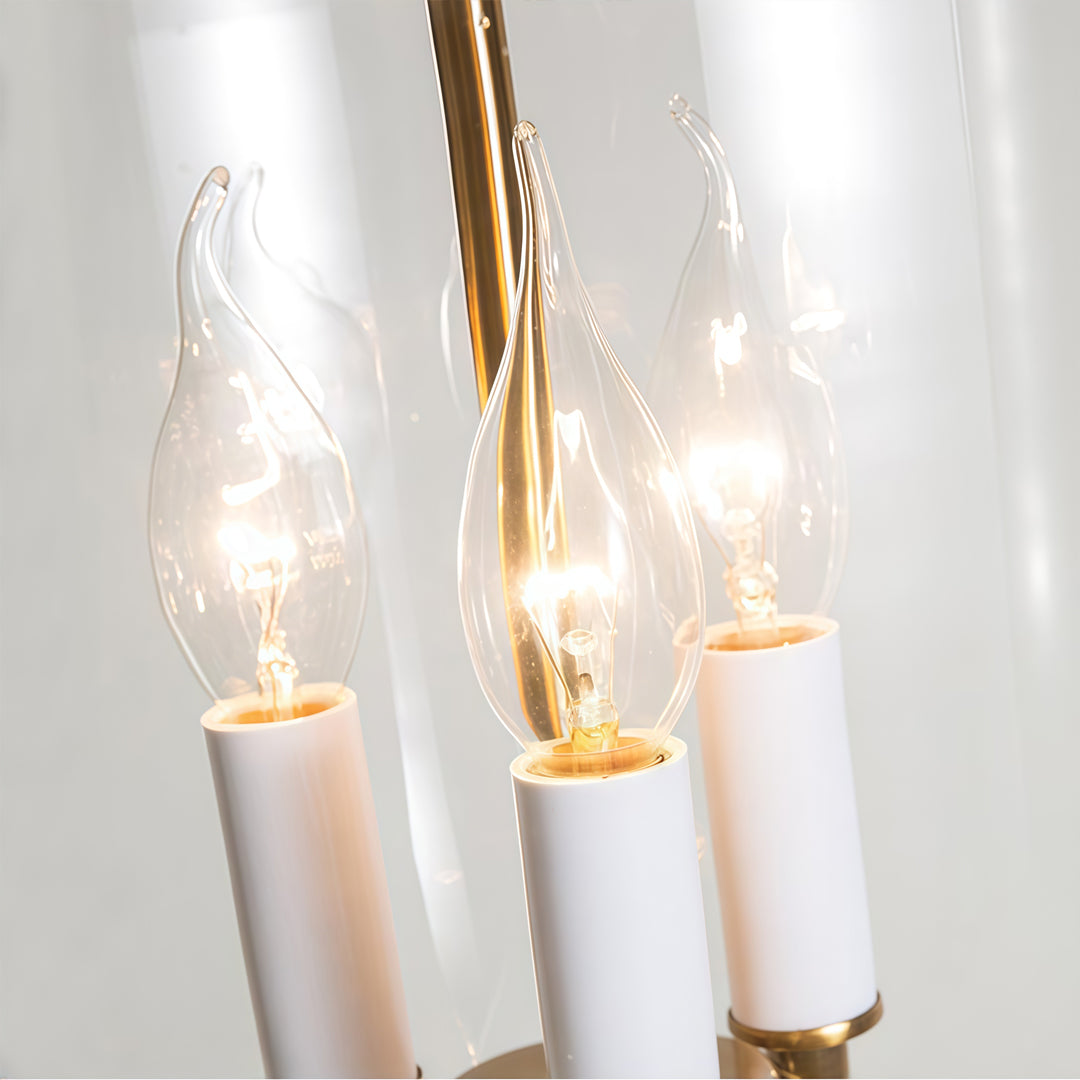 Glass chandeliers for dining room close-up showing candle-style bulbs and clear glass craftsmanship.
