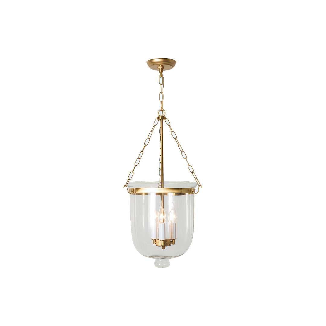 Glass chandeliers for dining room single pendant version with clear glass and gold metal finish.