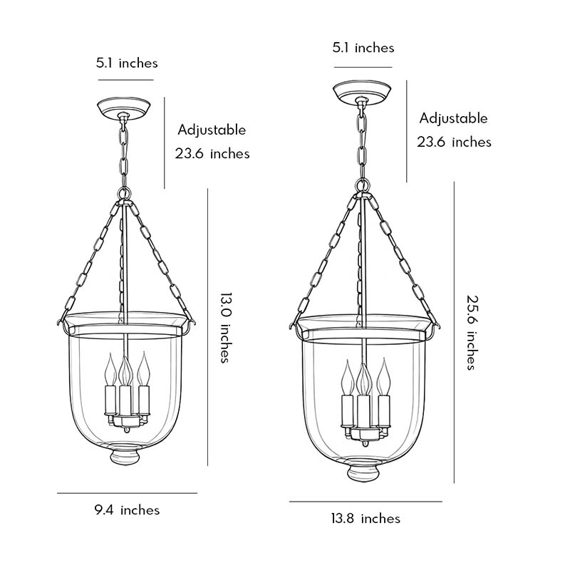 Glass chandeliers for dining room dimension drawing displaying multiple size options and adjustable hanging heights.