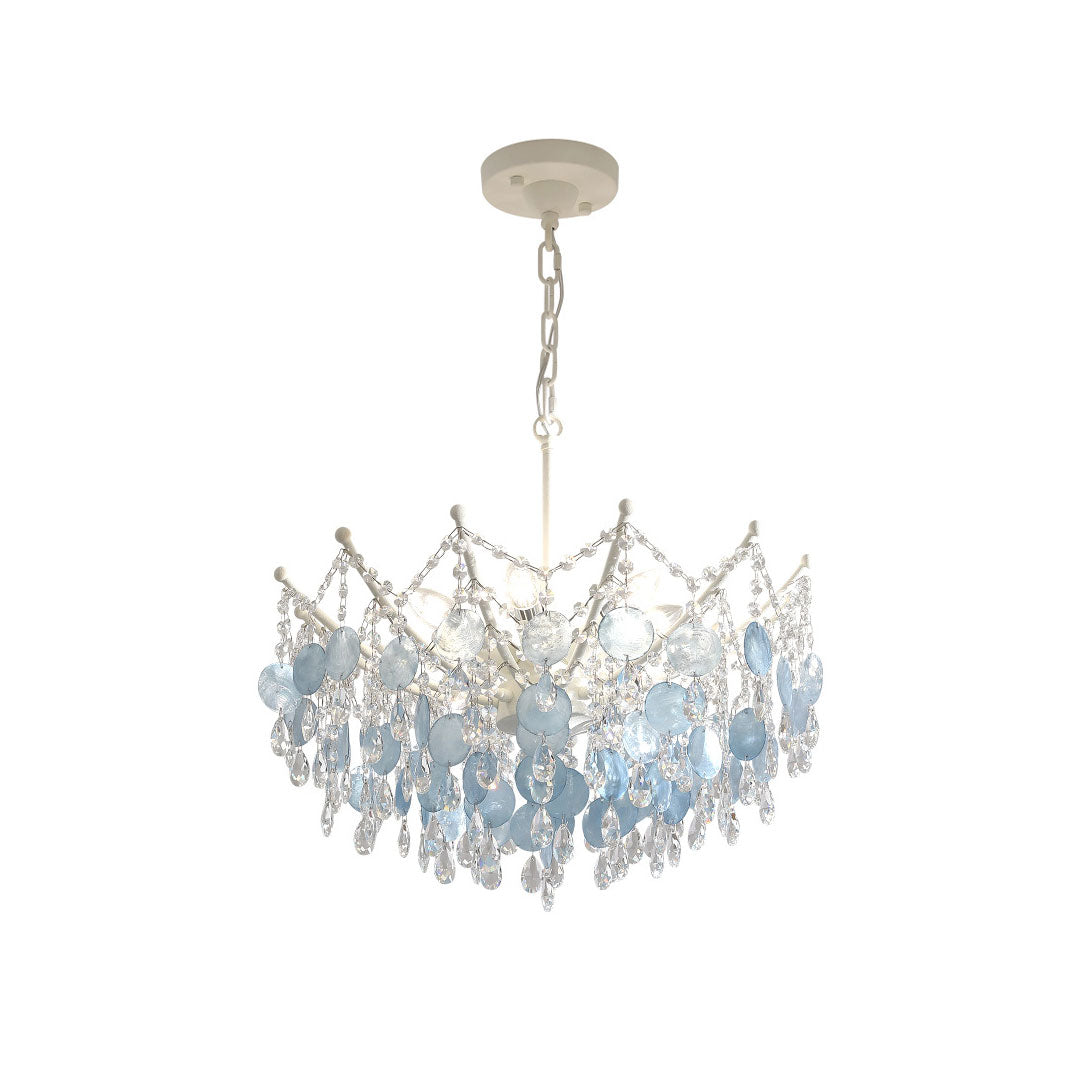 Glam chandelier featuring cascading blue glass discs and sparkling crystal details.