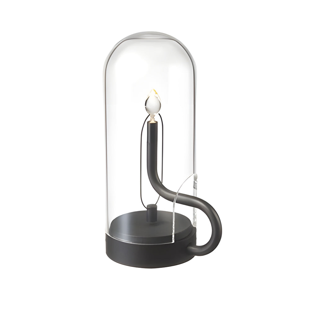 Glass dome table light in black, close-up of the curved pipe detail.