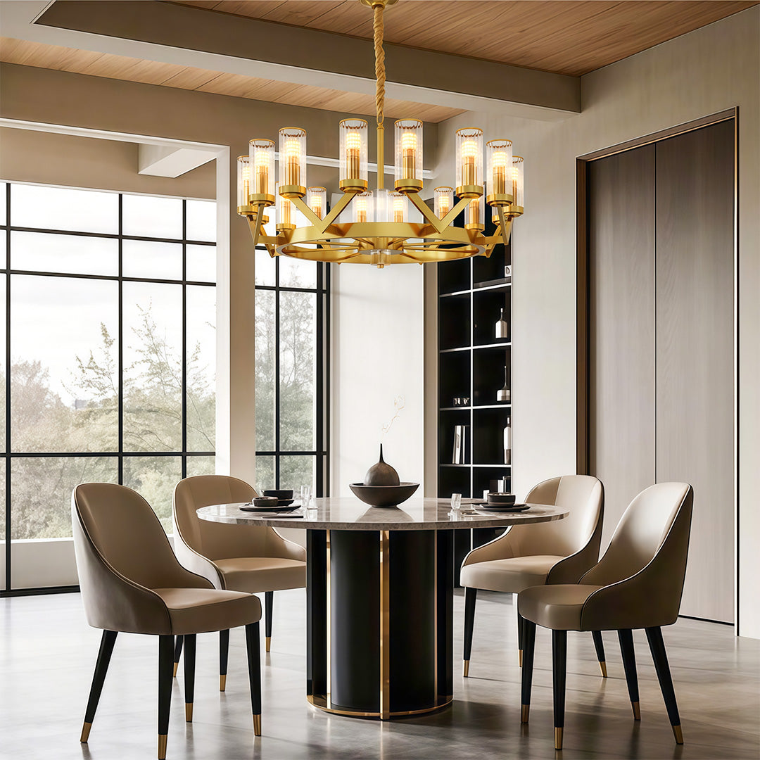 Modern luxury chandeliers above round table in bright dining room with large windows