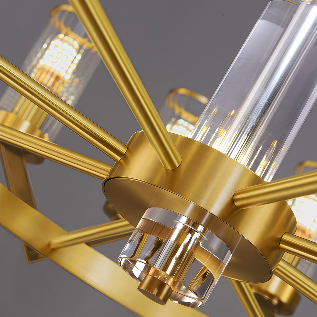 Glass drop chandelier perspective highlighting geometric brass structure and glass arrangement