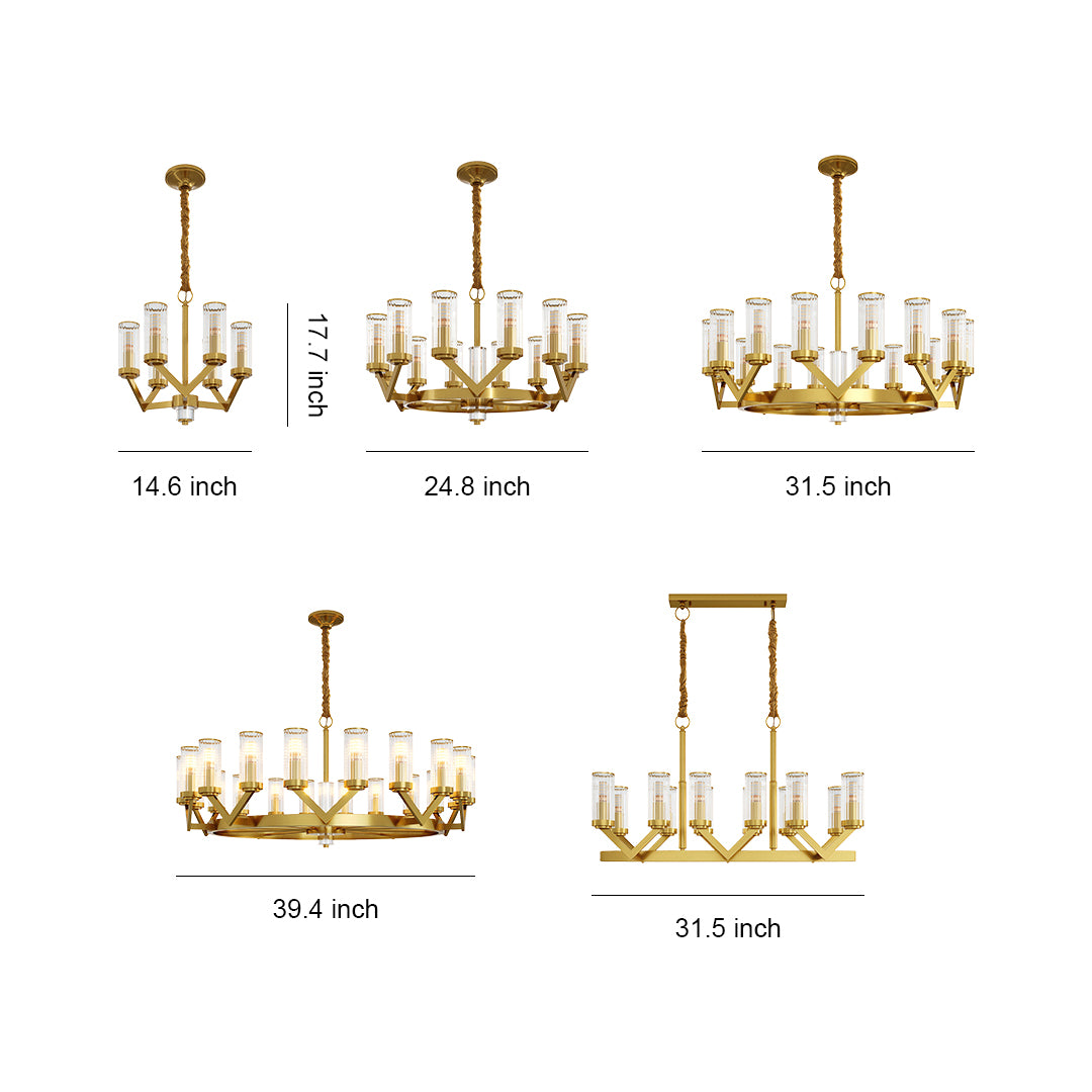 Glass drop chandelier specification diagram showing multiple size and configuration options