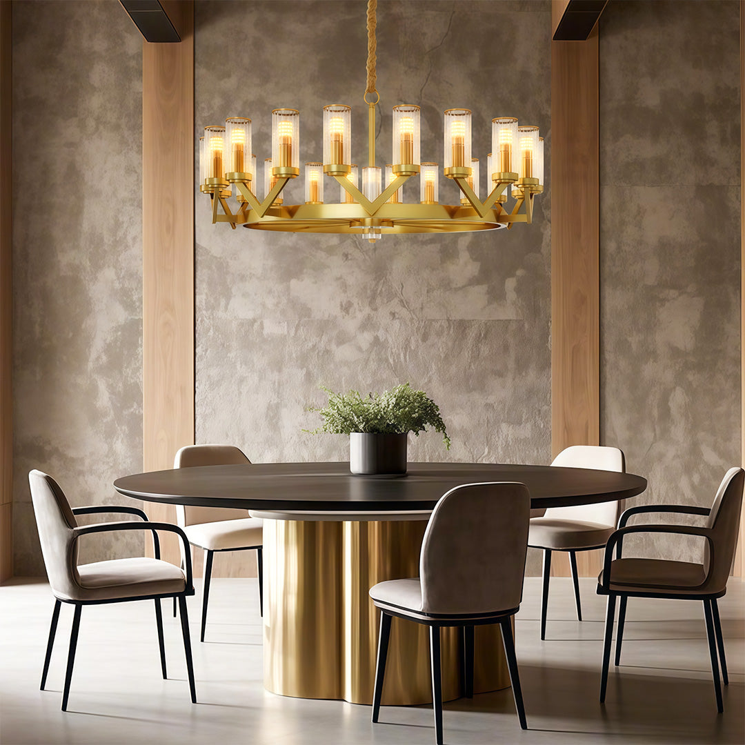 Modern luxury chandeliers creating warm ambiance in textured dining room with gold table