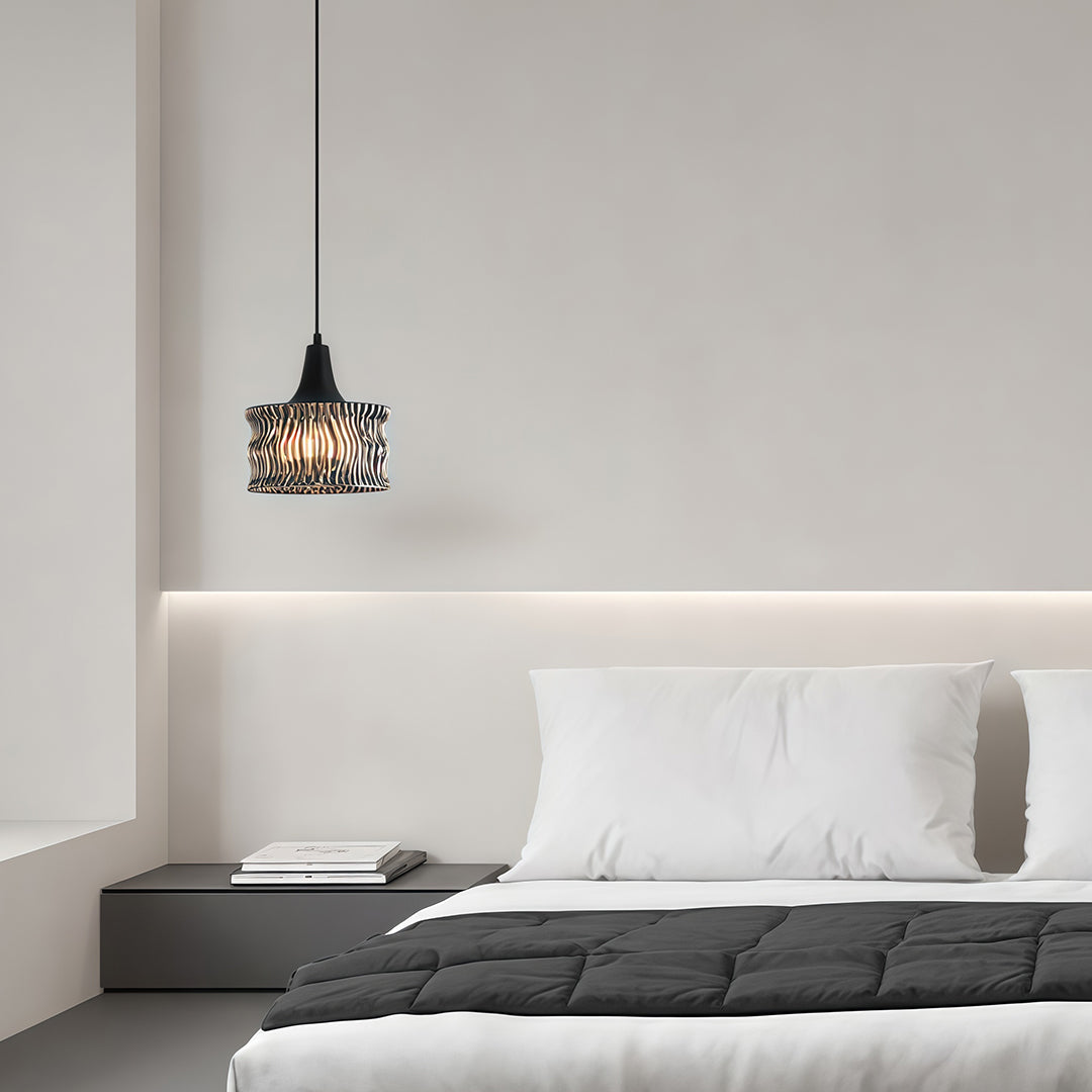 Glass drum pendant light installed in a minimalist bedroom, adding a contemporary touch to the space.