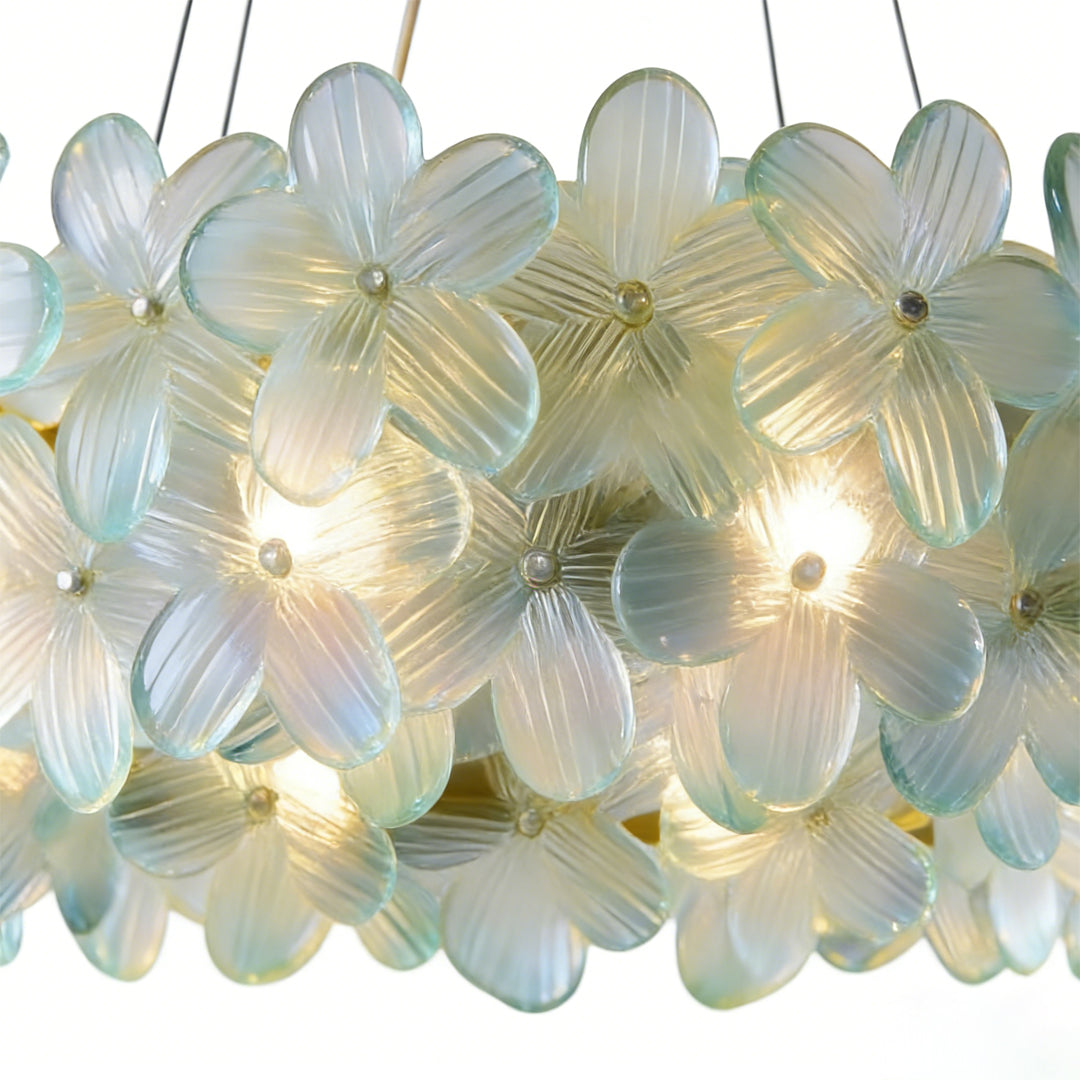 Glass flower chandelier with a close-up of its colorful glass petals and structure.