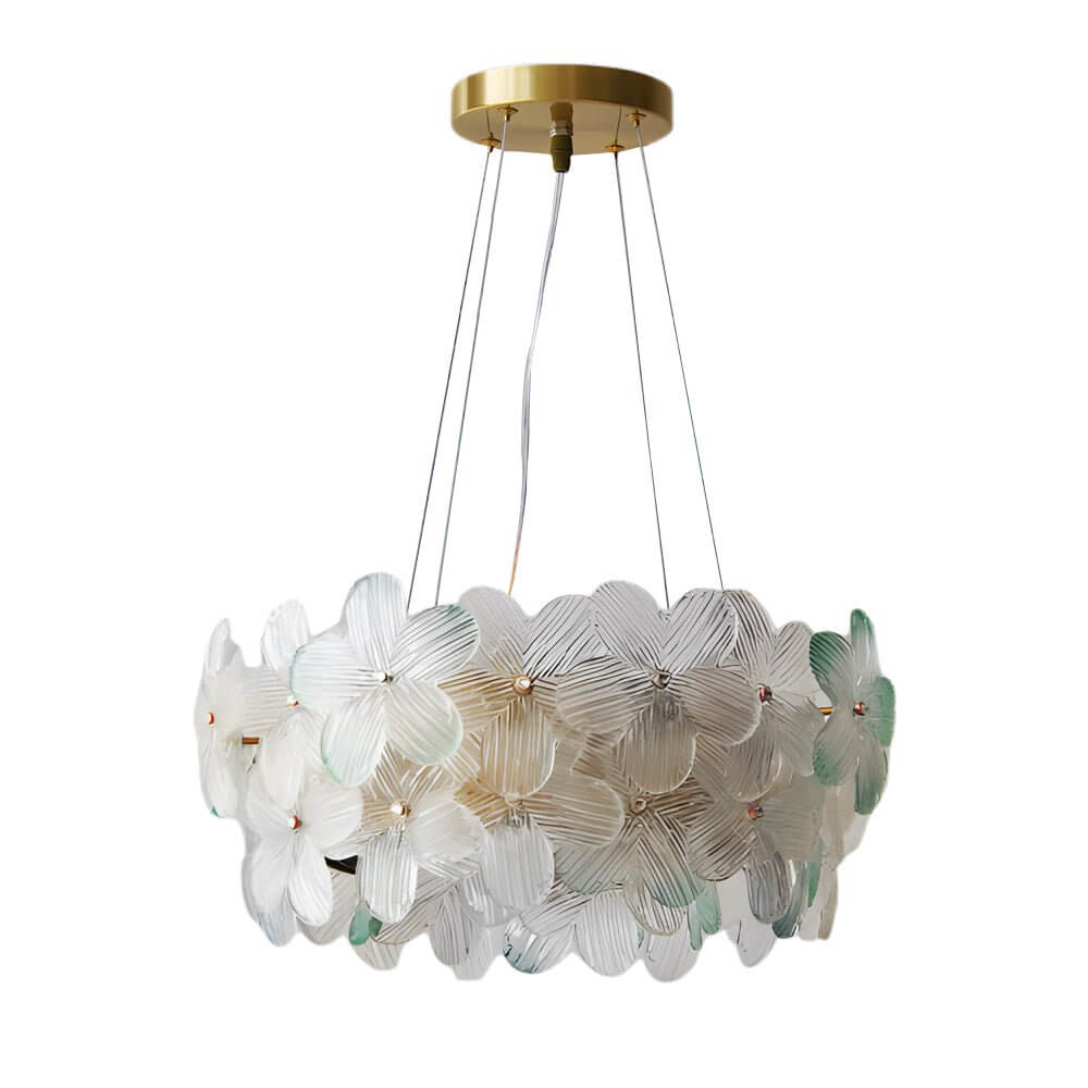 Glass flower chandelier with a close-up of its delicate glass petals and light.