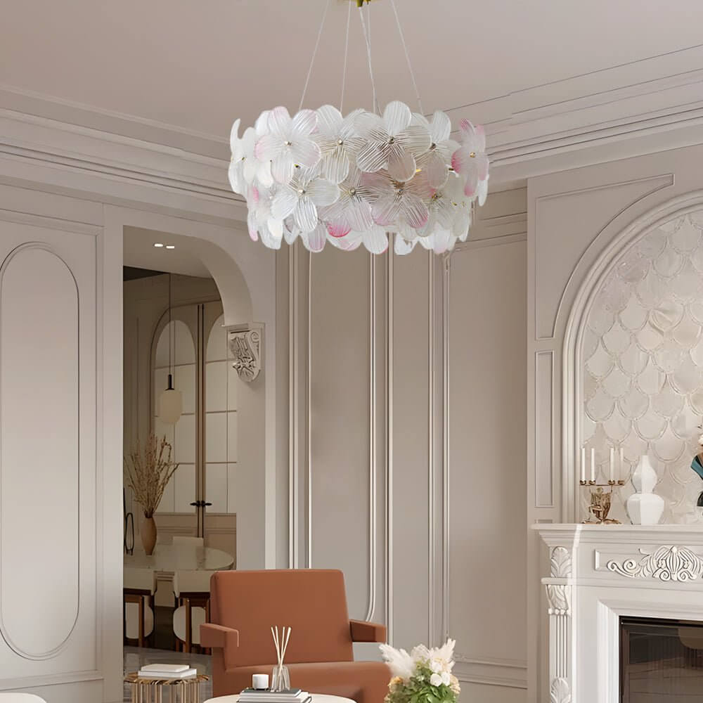 Glass flower chandelier with a close-up of its elegant glass petal structure.