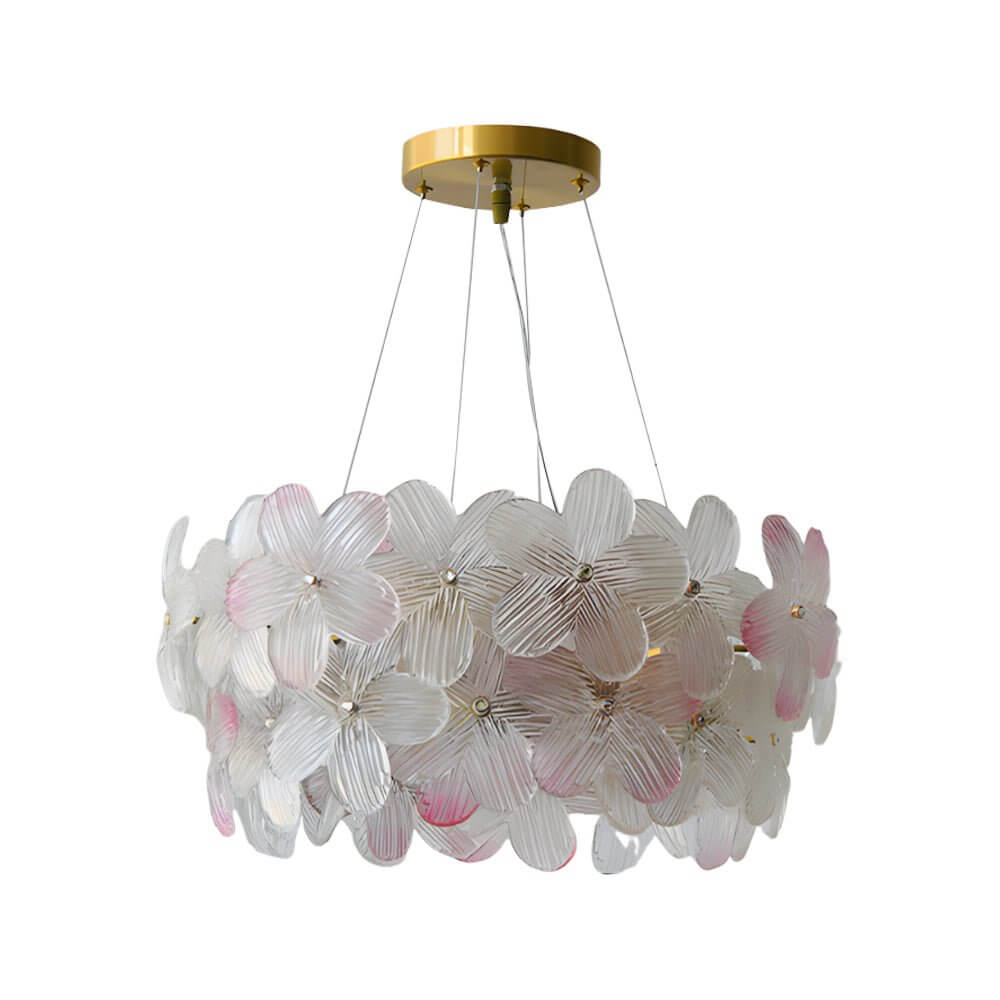 Glass flower chandelier with a close-up of its illuminated glass petals and gold accents.