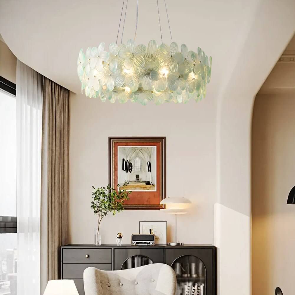 Glass flower chandelier with a close-up of its illuminated glass petals.