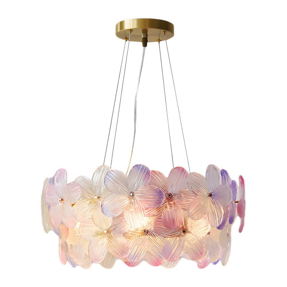 Glass flower chandelier with a close-up of its pastel glass petals and elegant structure.