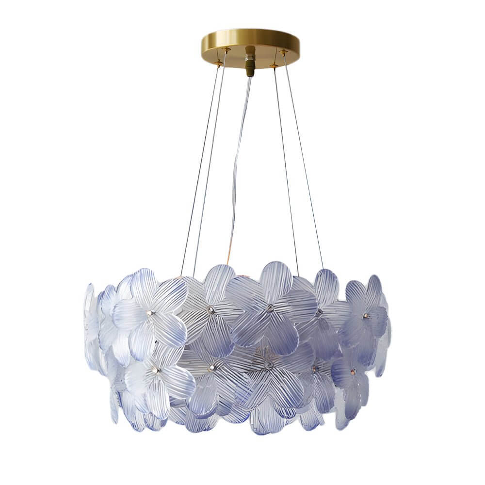 Glass flower chandelier with a close-up of its pastel petals and elegant light.