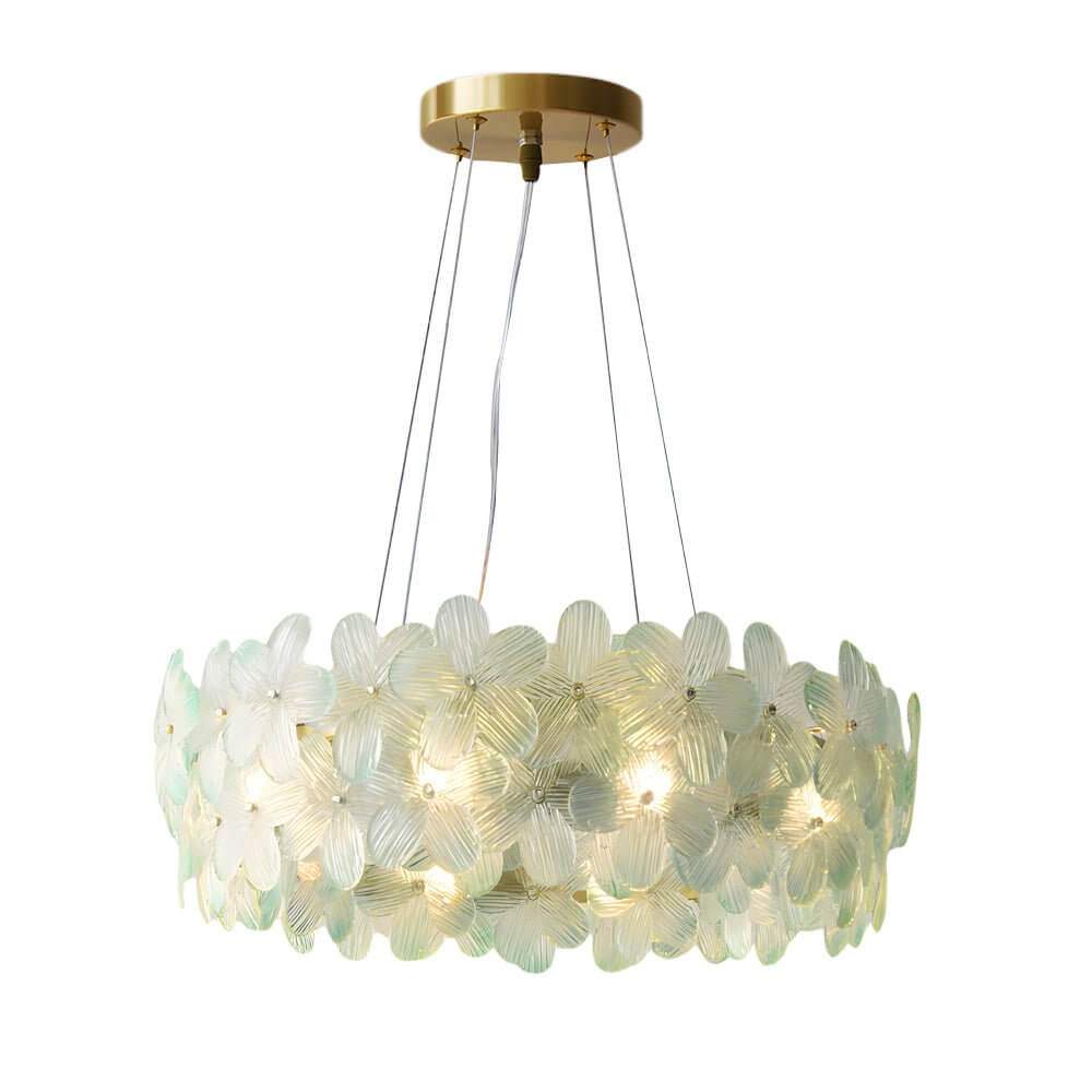 Glass flower chandelier with a minimalist design, illuminating a cozy bedroom.