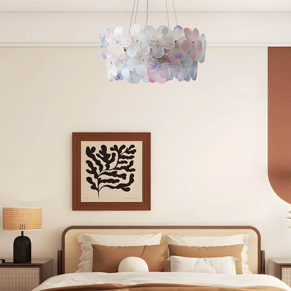 Glass flower chandelier with a modern design, enhancing a contemporary interior.