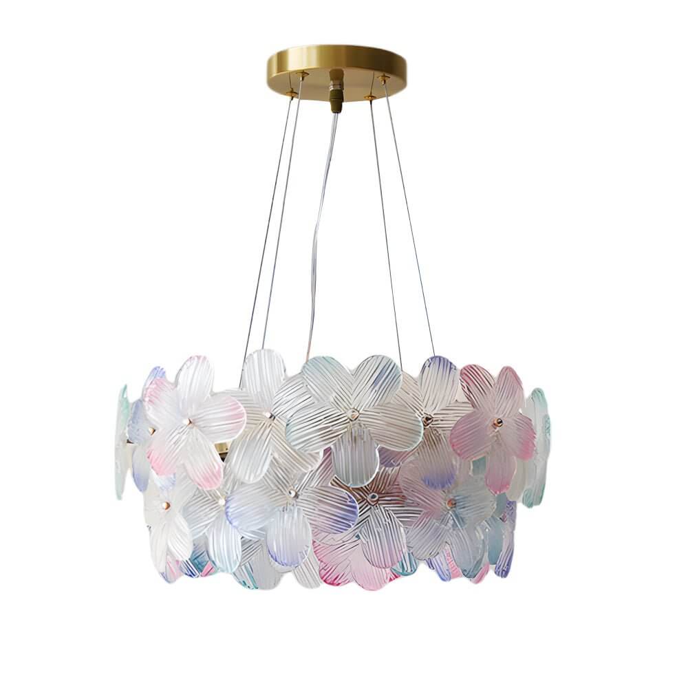 Glass flower chandelier with a modern design, illuminating a luxurious interior.