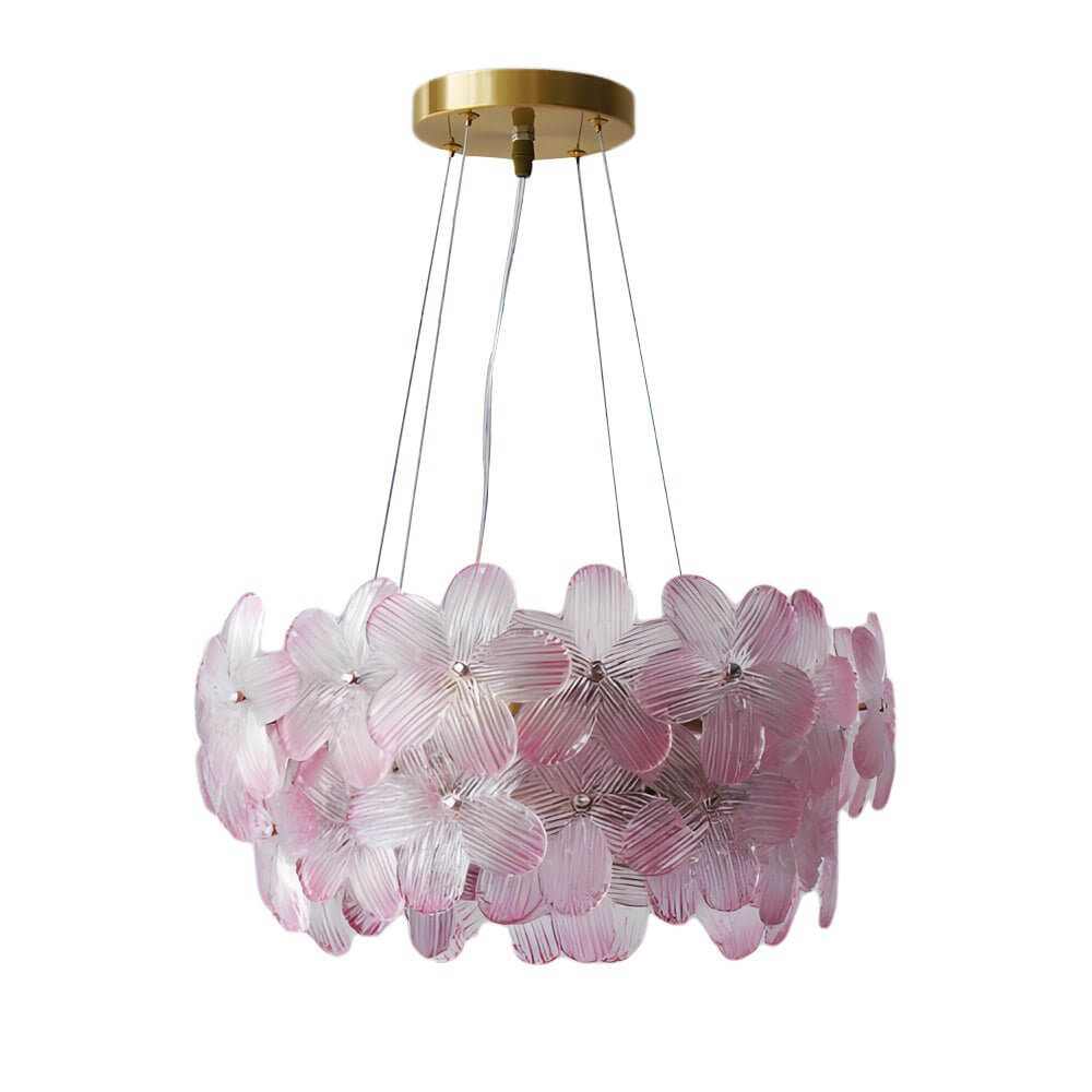 Glass flower chandelier with a modern design, enhancing a stylish dining room.