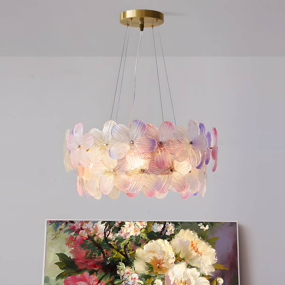 Glass flower chandelier with a modern design, enhancing a stylish living room.