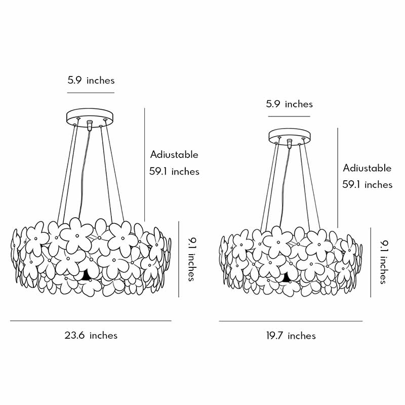 Technical diagram showing dimensions and structure of glass flower chandelier models.