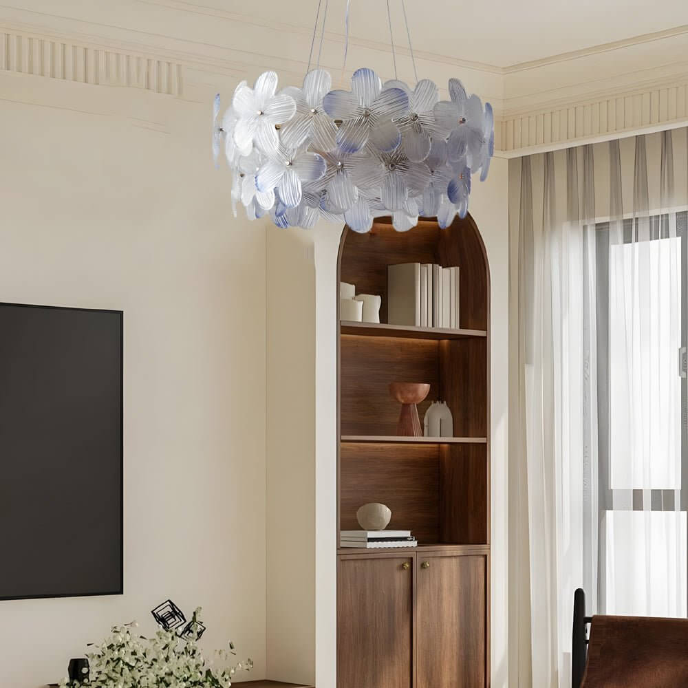 Glass flower chandelier with a vintage design, illuminating a classic dining area.