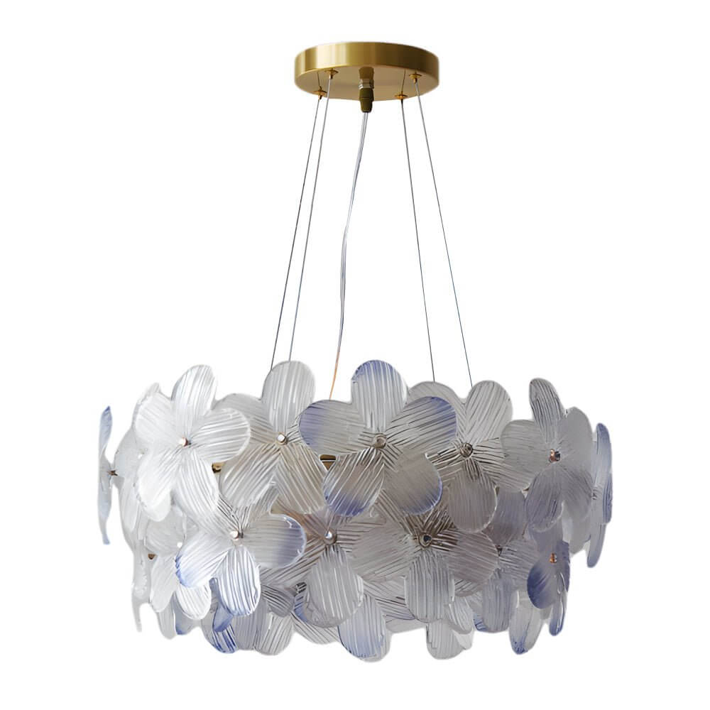 Glass flower chandelier with a vintage design, providing warm light in a bedroom.