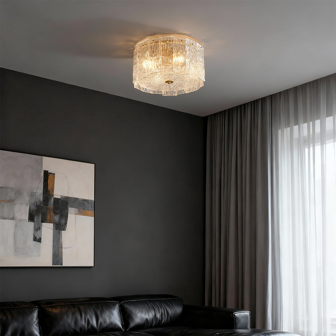 Modern luxury chandeliers style glass flush mount lighting above black leather bed in dark bedroom