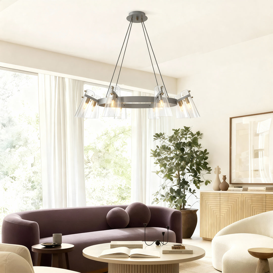 Glass flush mount lighting enhancing bright dining area with slipcovered chairs and natural light